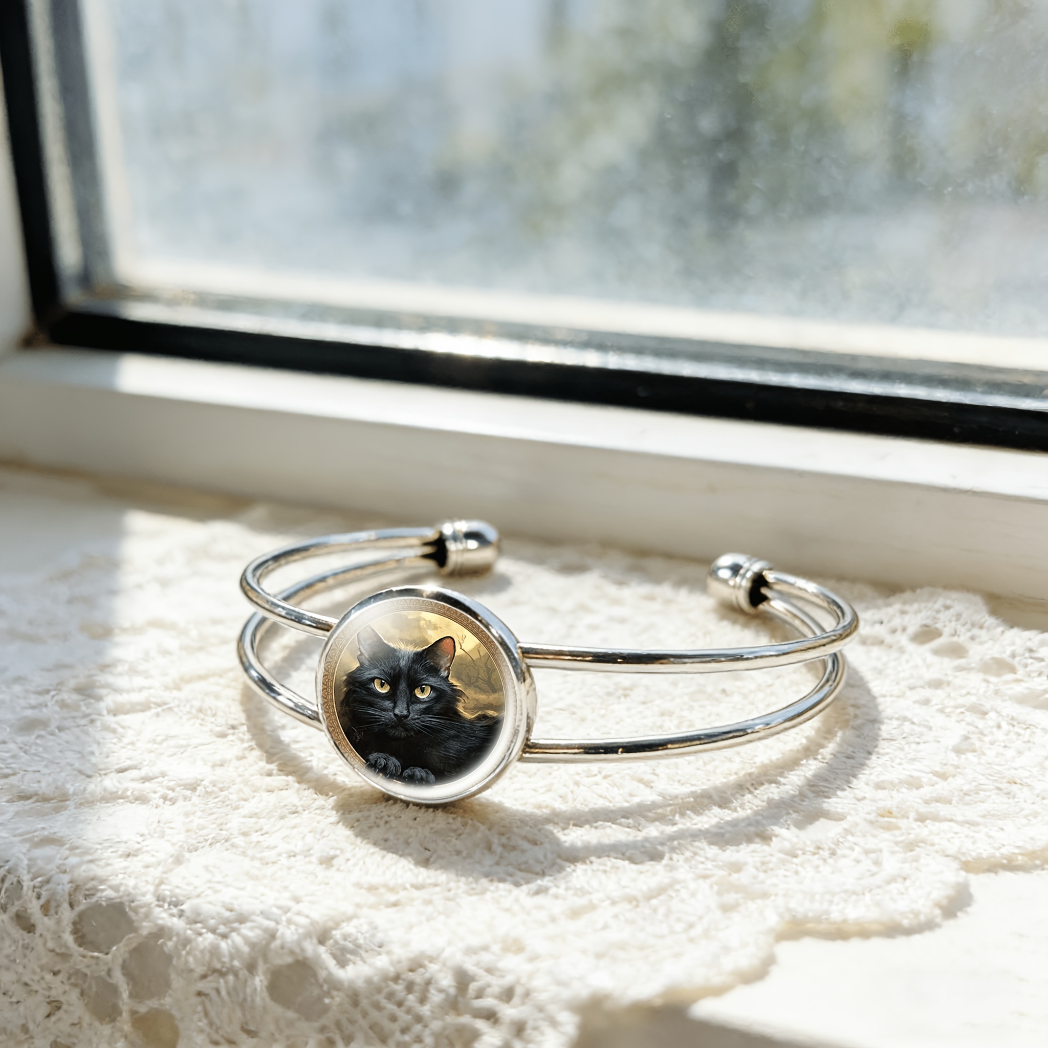 Women's Cat-Themed Adjustable Open Bangle Bracelet